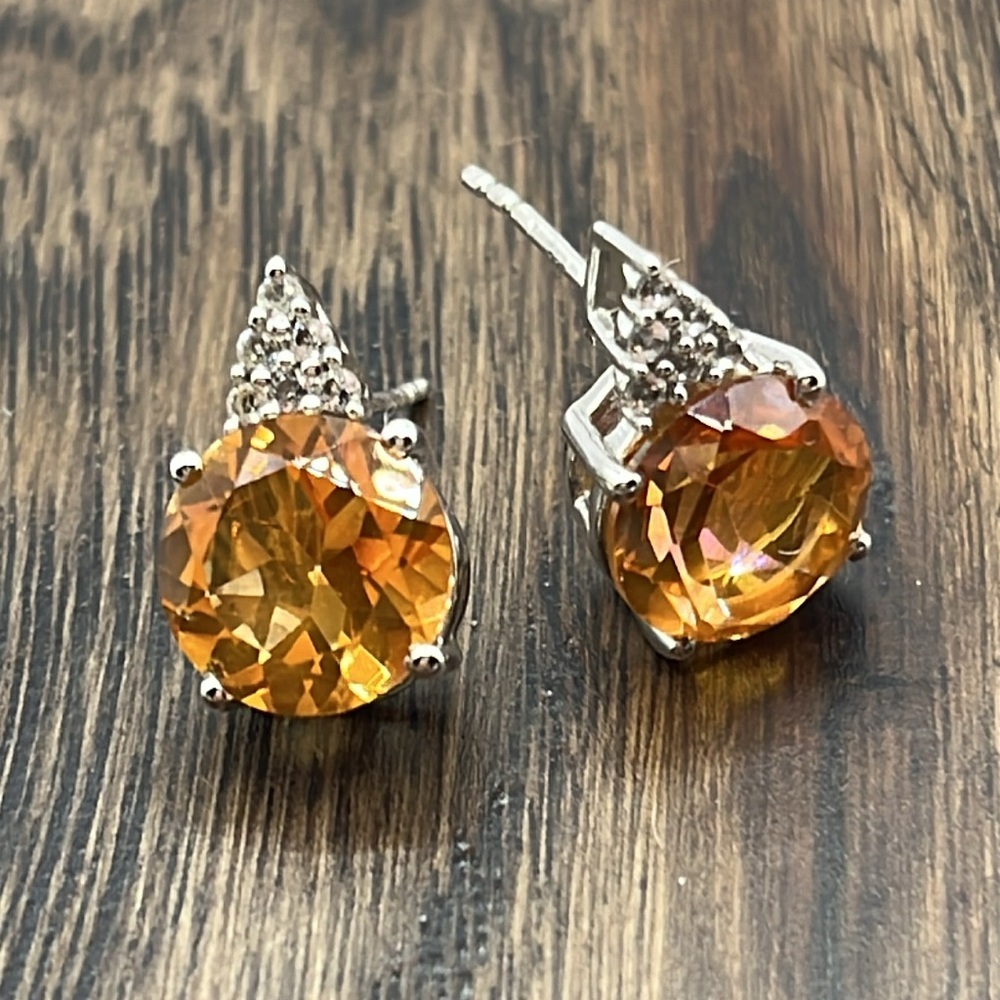 Earrings Orange Quartz Citrine Stud With Topaz Accent Stones Oversized 925